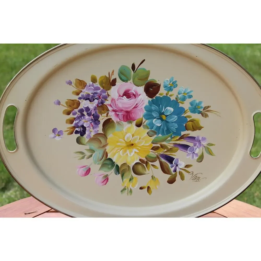 Nashco Tole Painted Metal Tray Vintage Hand Painted Floral Toleware Beige